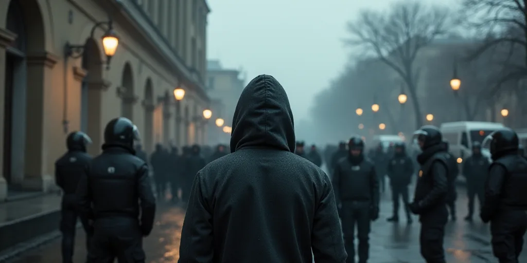 a group of people standing around a building with police standing around them and a man in a hoodie,