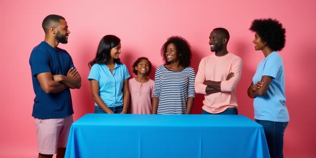 a group of people standing around a table with a blue table cloth on it and a blue table top, Elaine