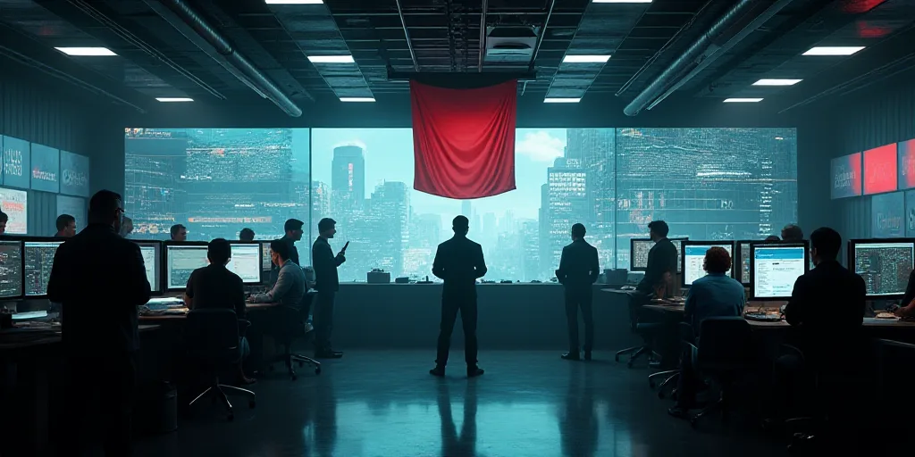 a group of people standing around a room with a lot of monitors on the wall and a flag hanging from