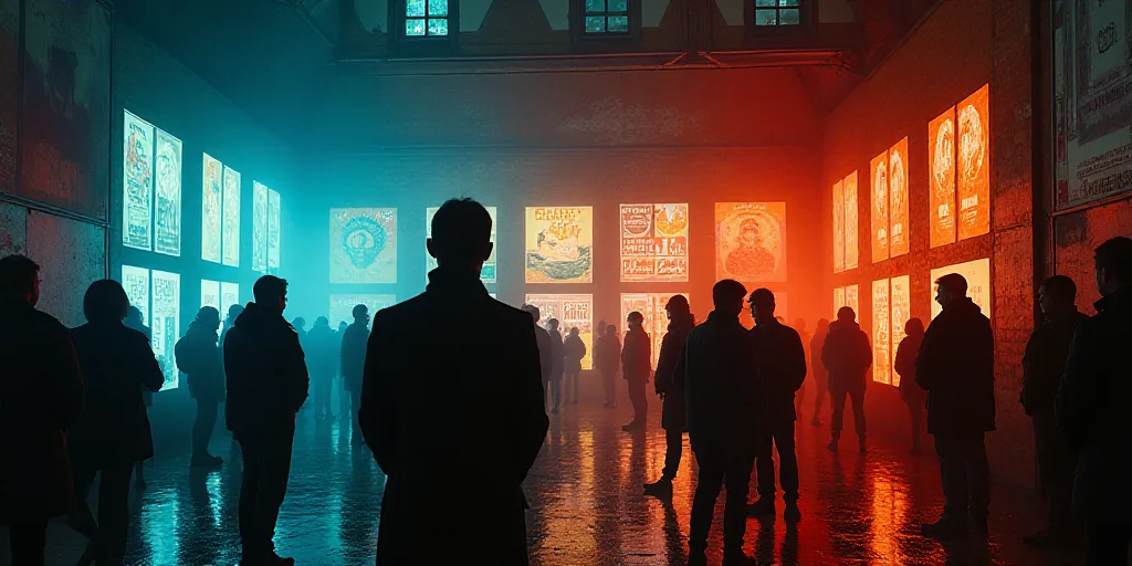 a group of people standing around a building with posters on the wall and a camera man taking a pict