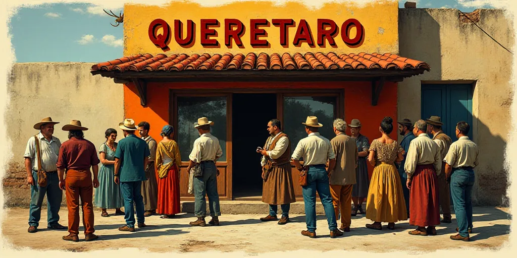 a group of people standing around a store with a sign above it that says queretaro on it, Enguerrand
