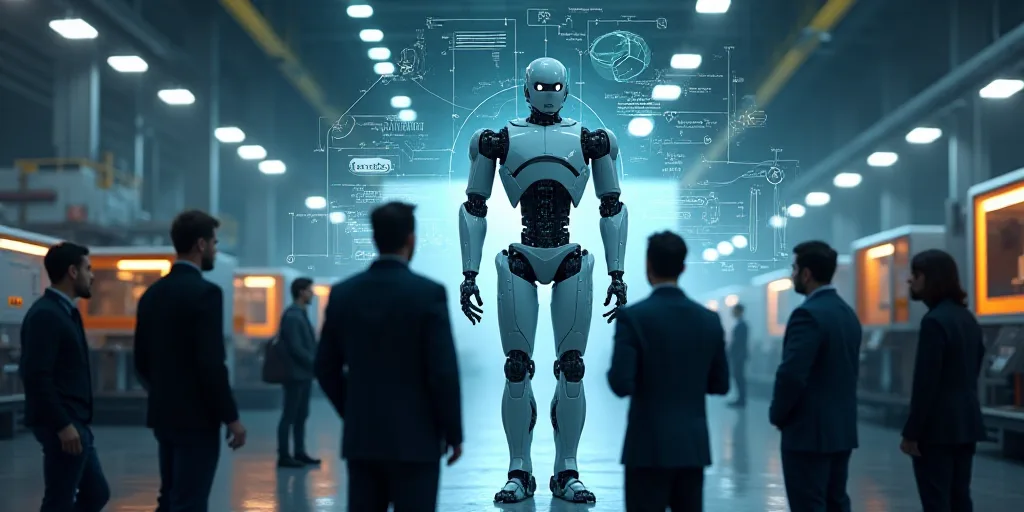 a group of people standing around a robot in a factory with a machine in the background and a man in