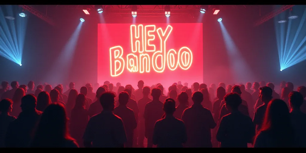 a group of people standing around a stage with a sign on it that says hey bandoo on it, Ay-O, promot
