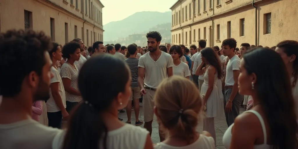a group of people standing around each other in a crowd of people in a courtyard area with a man in