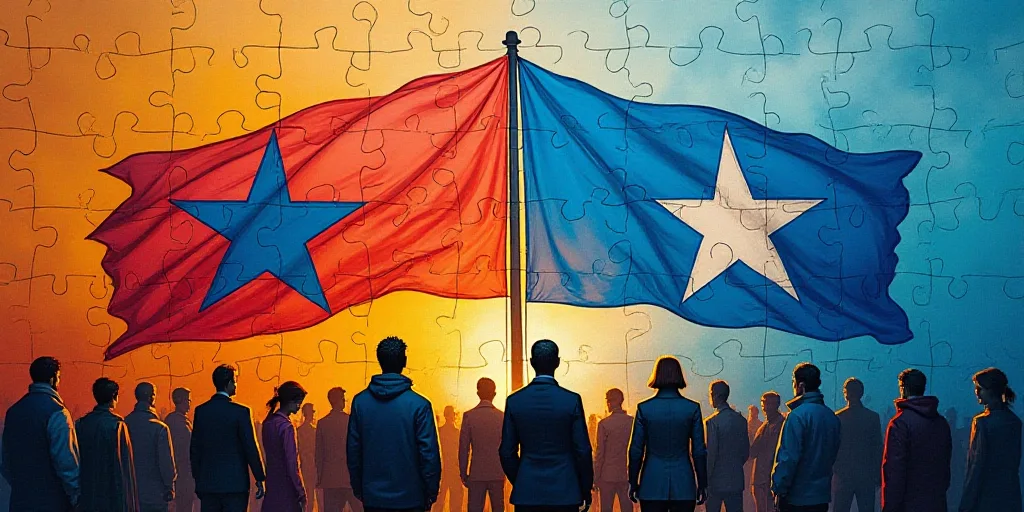 a group of people standing around a flag with a star on it's side and a blue flag with a white star