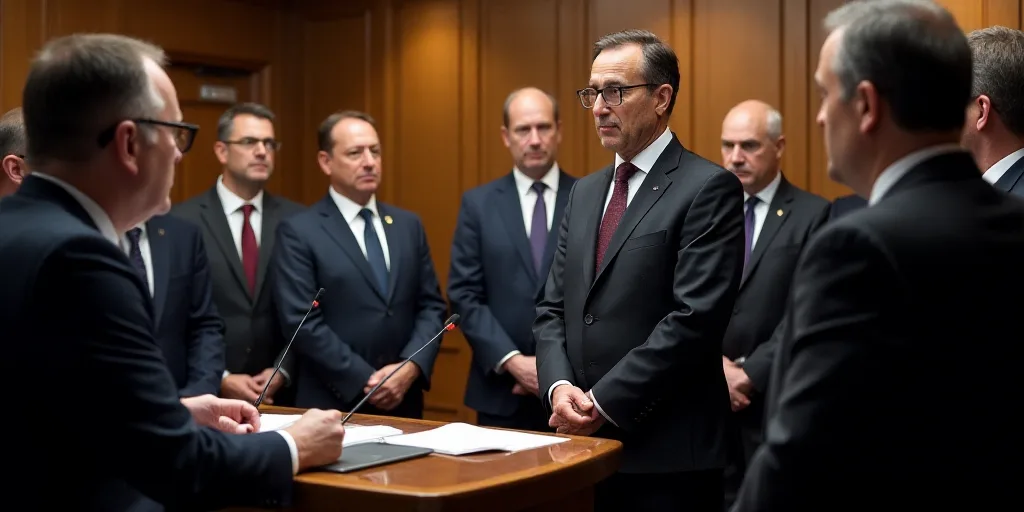 a group of people standing around a table with a microphone in front of them and a man in a suit and