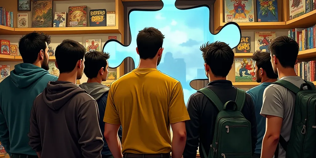 a group of people standing around a store with a game on display in the background and a man in a ye