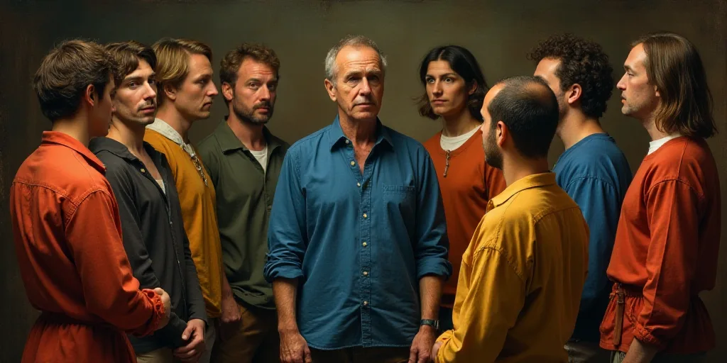 a group of people standing around each other in a circle talking to each other and a man in a blue s