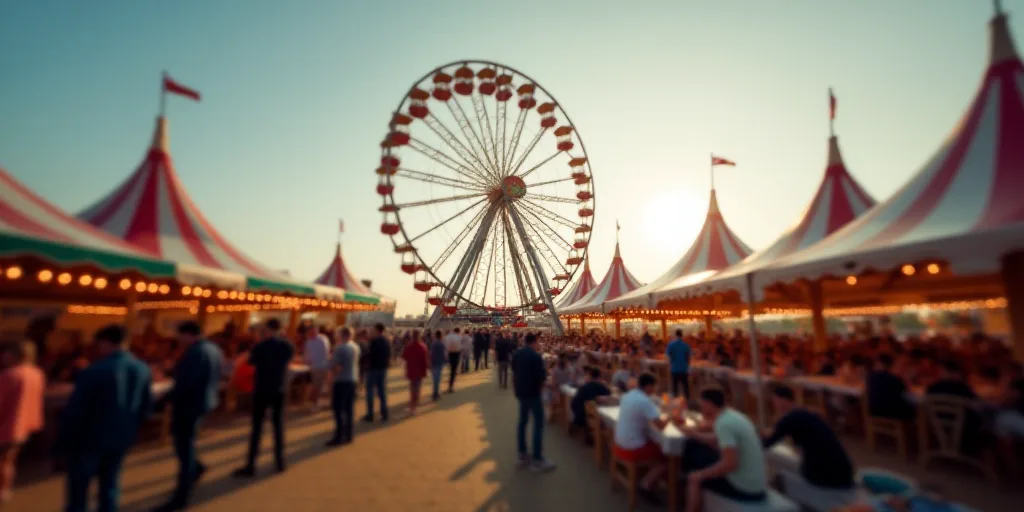 a group of people standing around a tent with a ferris wheel in the background at a carnival event w