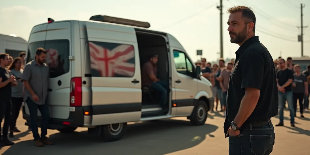 a group of people standing around a van with a flag on it's side and a man in a black shirt standing