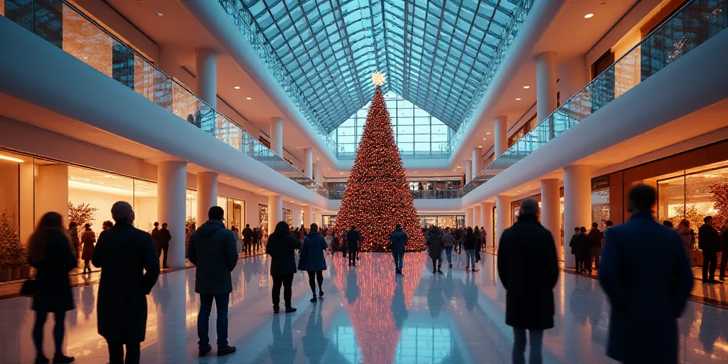 a group of people standing around a mall with a christmas tree in the background and a christmas tre