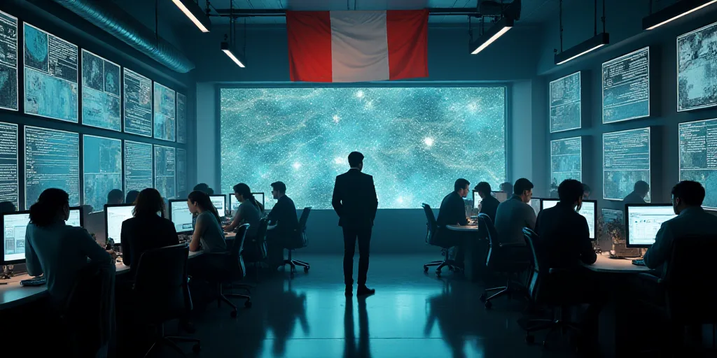 a group of people standing around a room with a lot of monitors on the wall and a flag hanging from