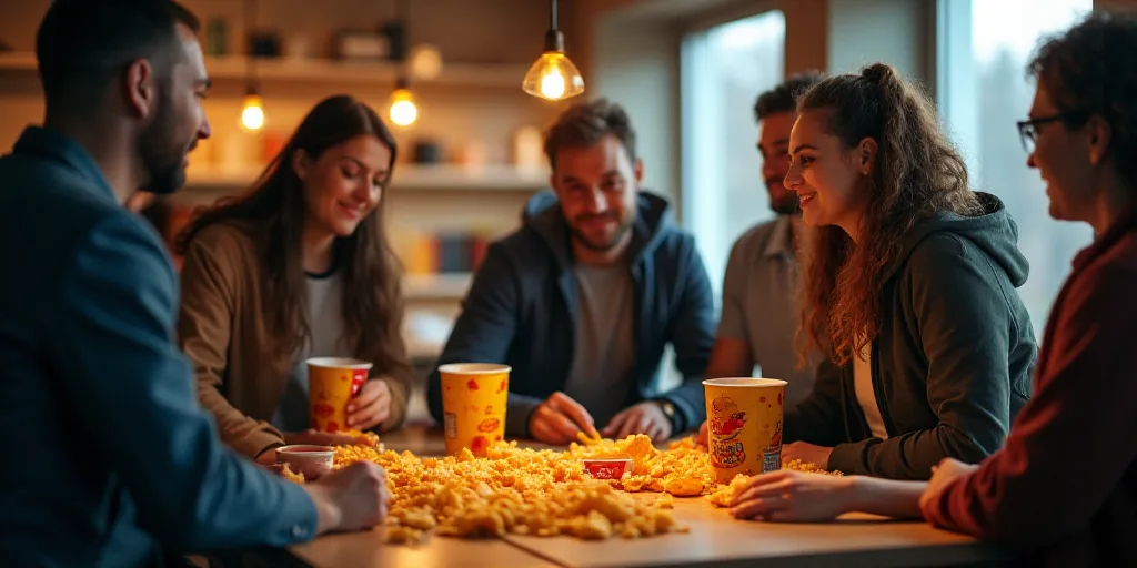 a group of people standing around a table with snacks on it and bags of chips on the table in front