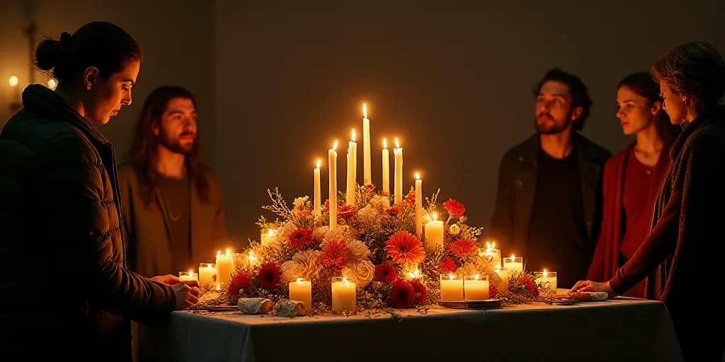 a group of people standing around a bunch of candles and flowers on a table with candles on it and p