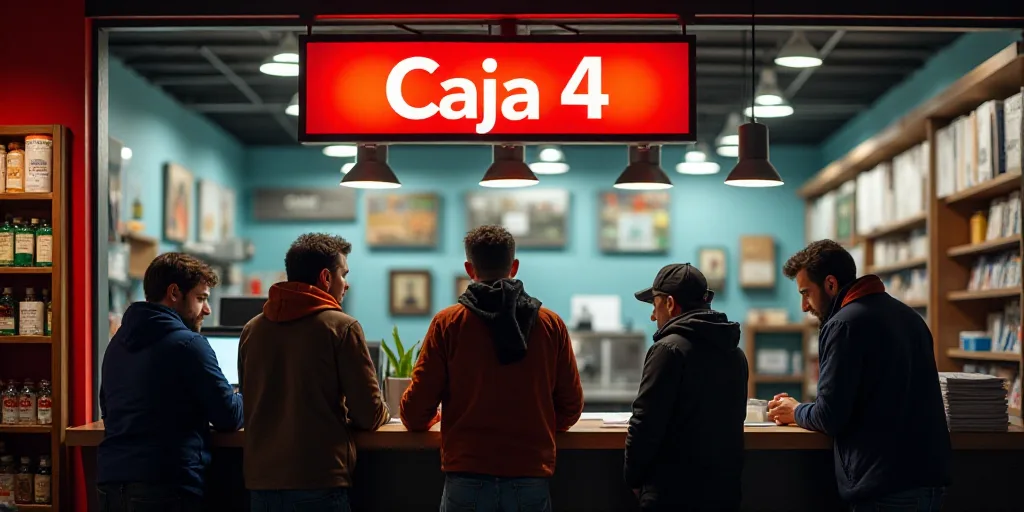 a group of people standing around a counter in a store with a sign that says caja 4 caja 4, Ceferí