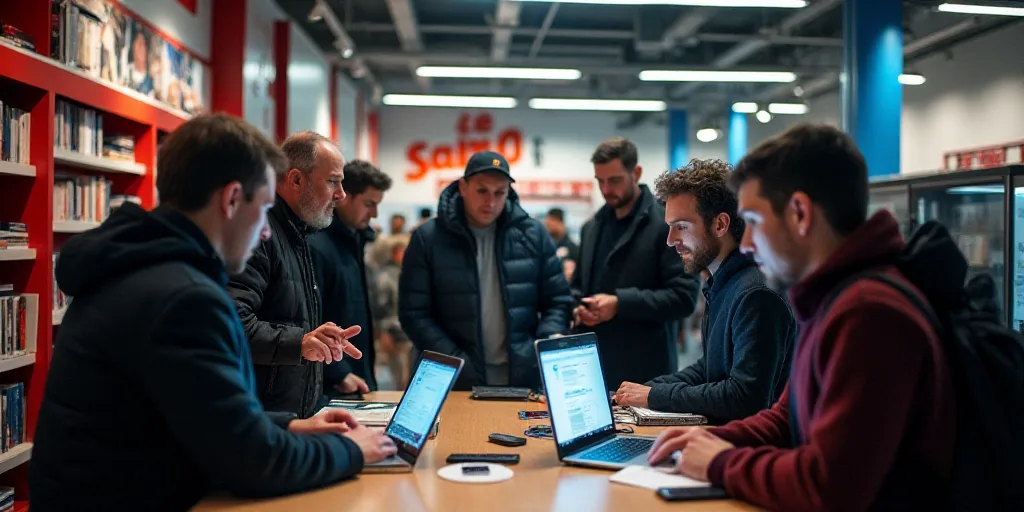 a group of people standing around a store with laptops and phones on a table with a flag on it, Doug
