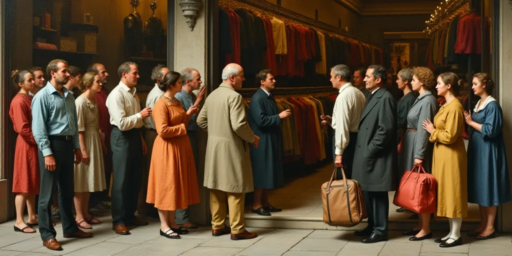 a group of people standing around a store with clothes on display and a man holding a bag of luggage