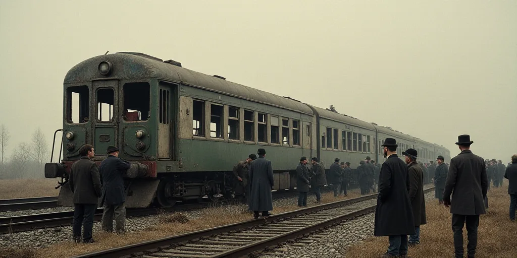 a group of people standing around a train that has been destroyed by a train car and has been vandal