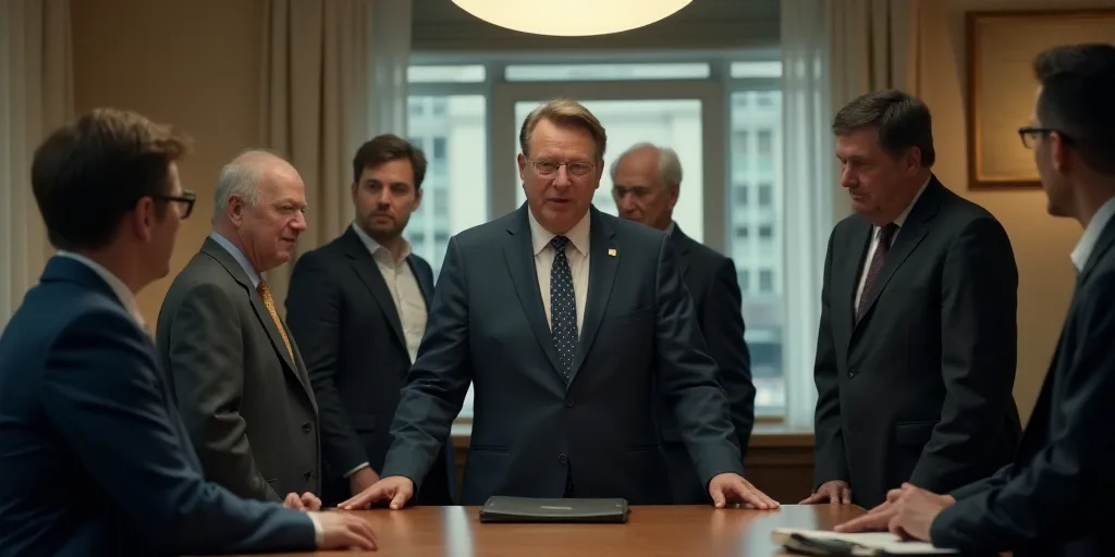 a group of people standing around a table in an office setting with a man in a suit and tie, Bourgeo