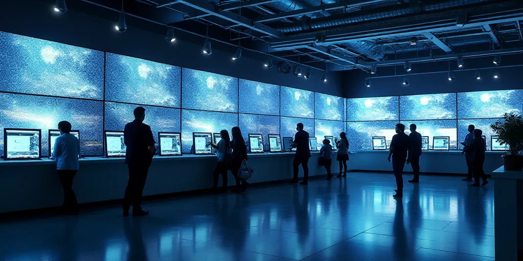 a group of people standing around a counter with lots of monitors on it's walls and a man walking by