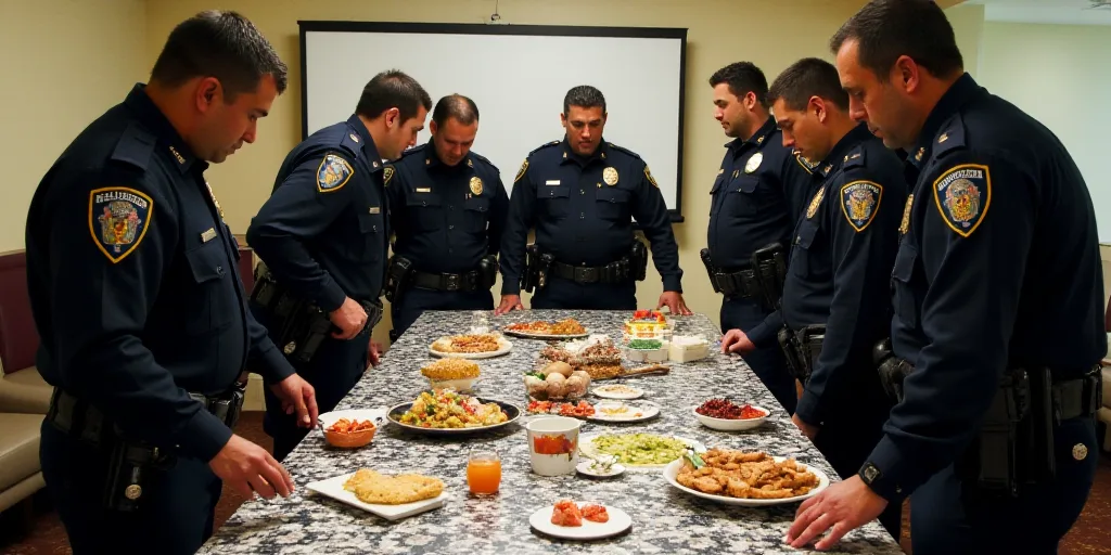 a group of people standing around a table with a table cloth on it and police standing around it wit