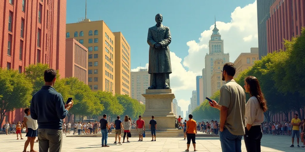 a group of people standing around a statue in a city square with tall buildings in the background an