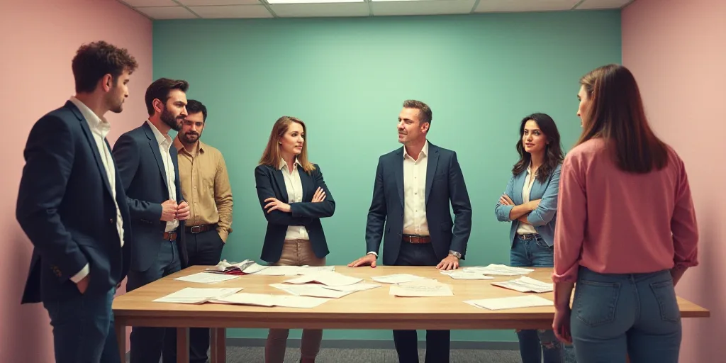 a group of people standing around a table with papers on it and a man standing in front of a table,