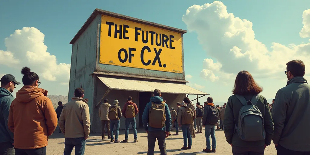 a group of people standing around a building with a sign on it that says the future of cx, Alexander