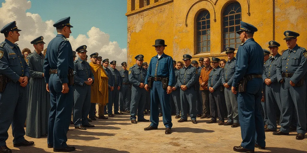 a group of people standing around each other in front of a building with police officers standing ar