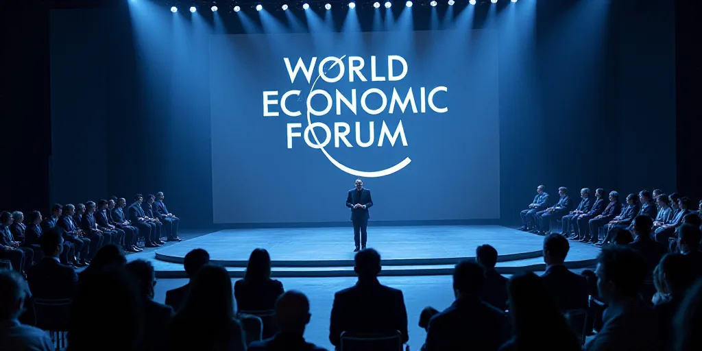 a group of people standing around a stage with a sign on it that says world economic forum committee