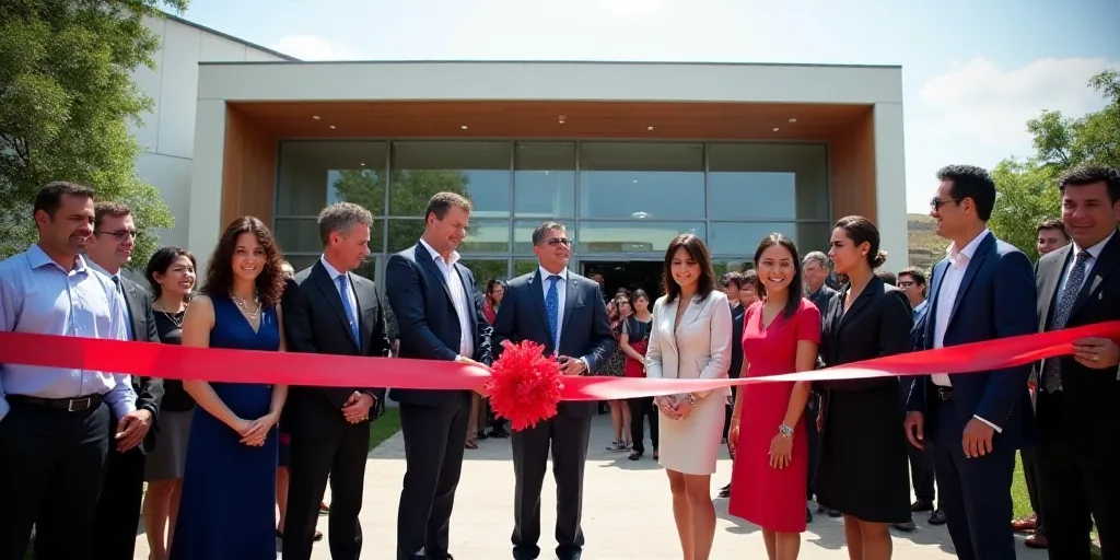 a group of people standing around a ribbon cutting ceremony in front of a building with a crowd of p