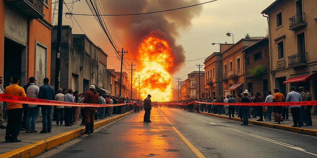 a group of people standing around a fire hydrant on a street with a line of police tape blocking the