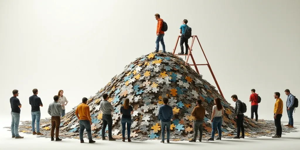 a group of people standing around a pile of puzzle pieces with one man on a ladder working on the to