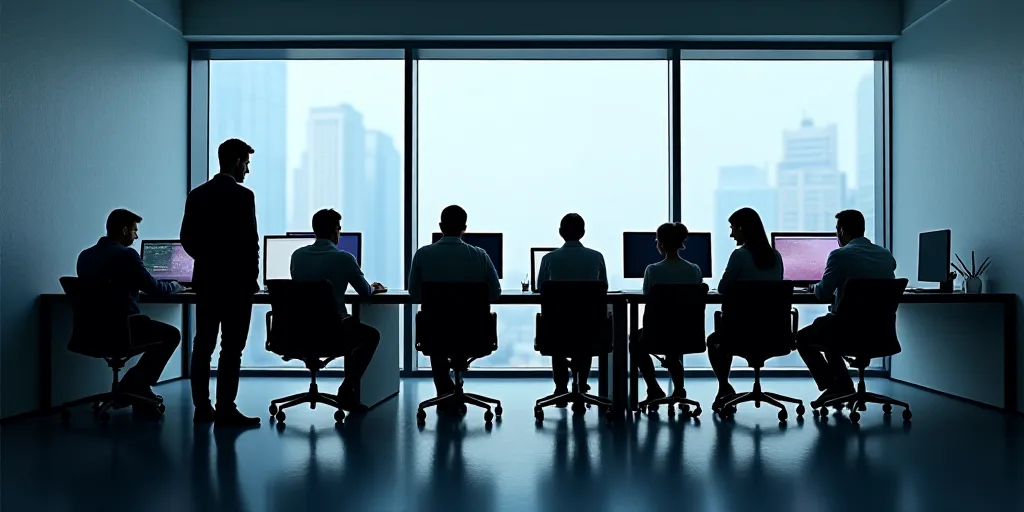 a group of people standing around a table with laptops and monitors on it in front of a large window