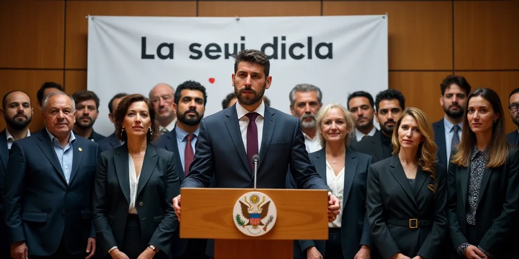 a group of people standing behind a podium in front of a sign that says, la seu de la, Federico Urib