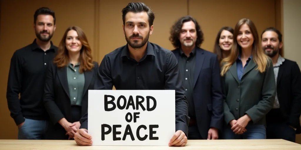 a group of people standing behind a table with a sign in front of them that says board of peace, Bou