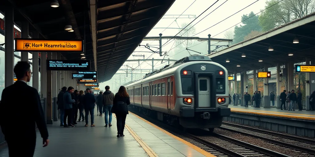 a group of people standing in a train station next to a train station sign and a train on the tracks