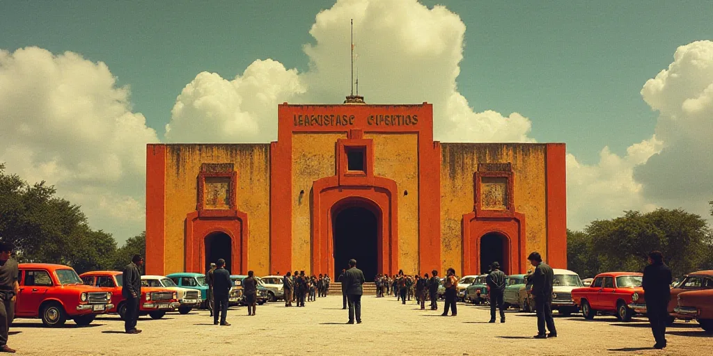 a group of people standing in front of a building with cars parked in front of it and people walking