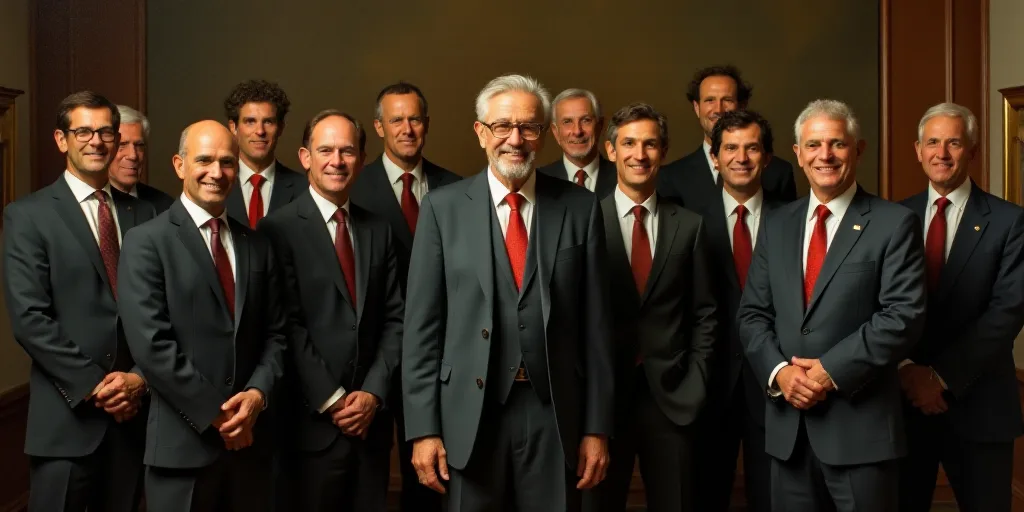 a group of people standing in a room together in suits and ties, all smiling for the camera, with a