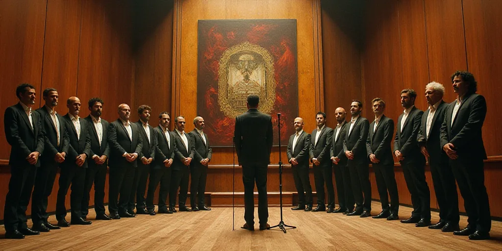a group of people standing in front of a microphone in a room with a wooden wall and a stage, David