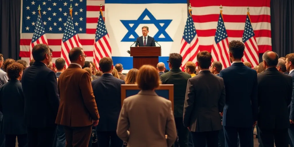 a group of people standing in front of a podium with flags on it and a sign in front of them, Aaron