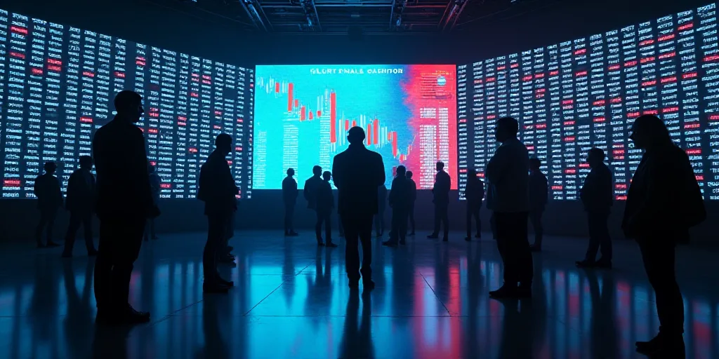 a group of people standing in a room with a flag on the floor of a stock market with a wall of monit