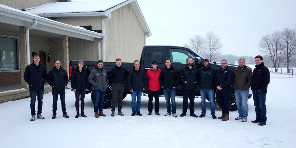 a group of people standing in front of a building in the snow with a black truck in the background,
