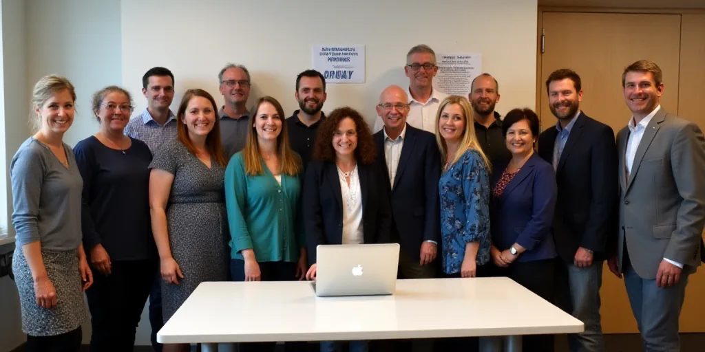 a group of people standing in front of a table with a laptop computer on it and a sign behind them,