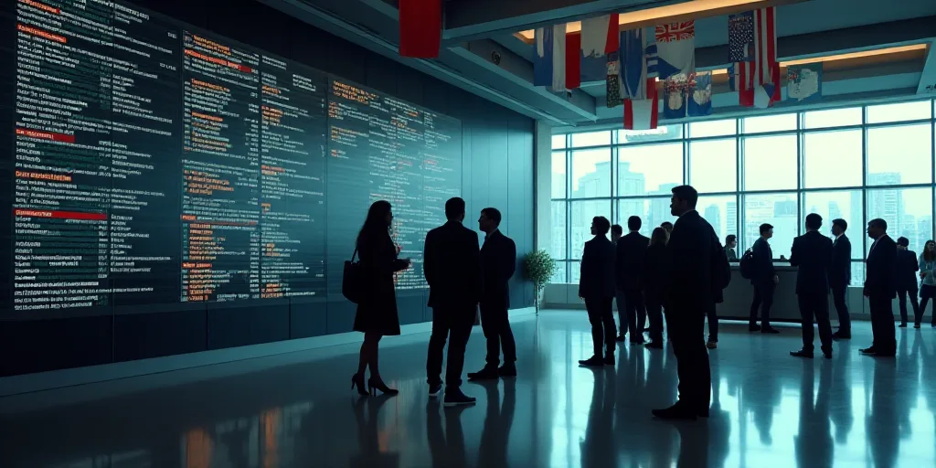 a group of people standing in a lobby next to a wall of stock information and flags on a wall, Carlo