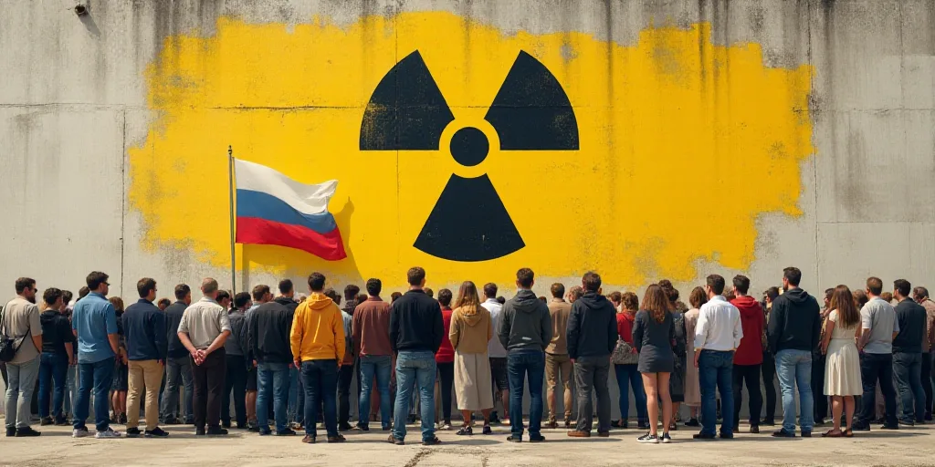 a group of people standing in front of a wall with a radiation sign on it's side and a flag painted