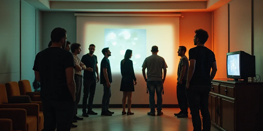 a group of people standing in a room with a tv on a table and a television on a stand, Carlos Franci
