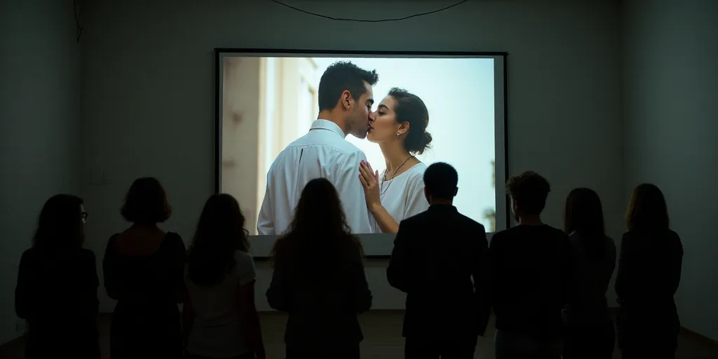 a group of people standing in front of a screen with a picture of a man and woman on it, Carlos Berl