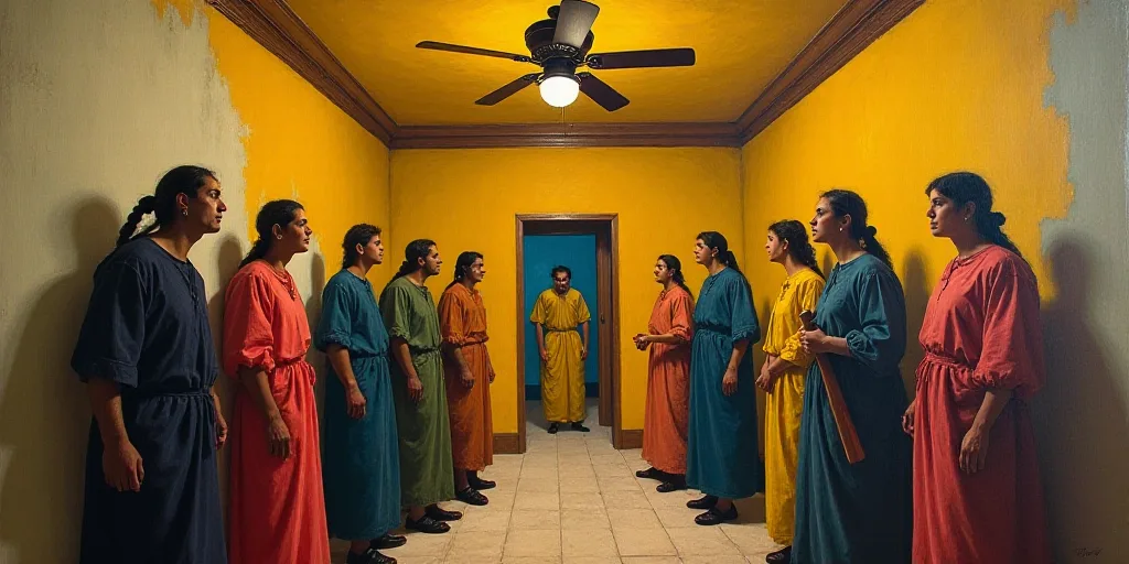 a group of people standing in a hallway with a ceiling fan in the background and a man holding a bat