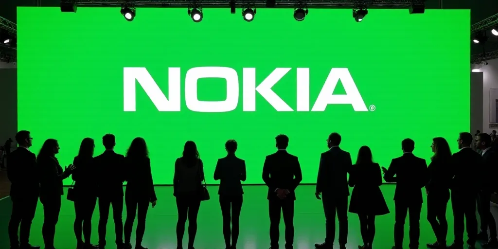 a group of people standing in front of a nokia sign at an event with a green background and white no